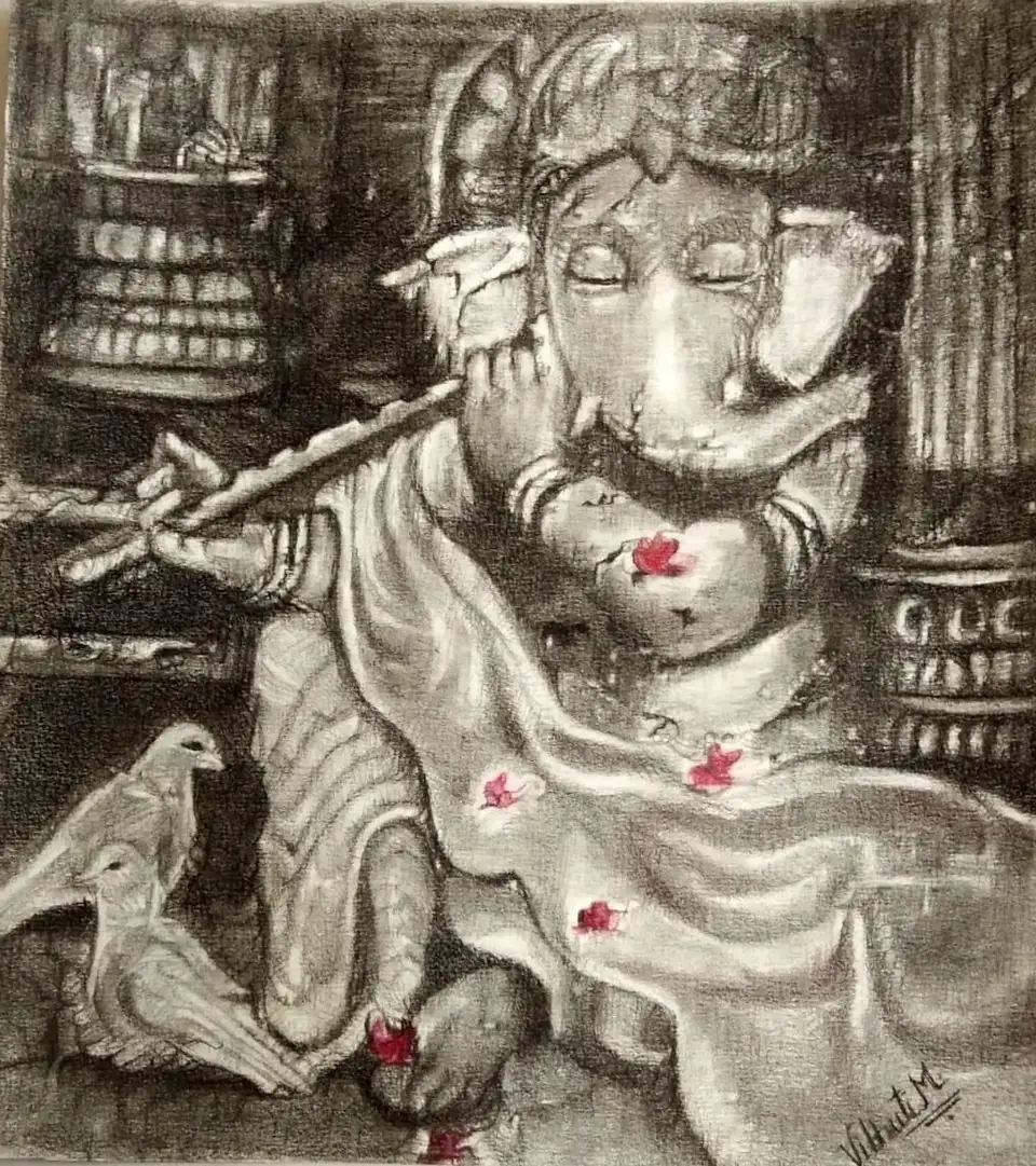 Ganesh II — charcoal devotional work by Vibhuti Mehta