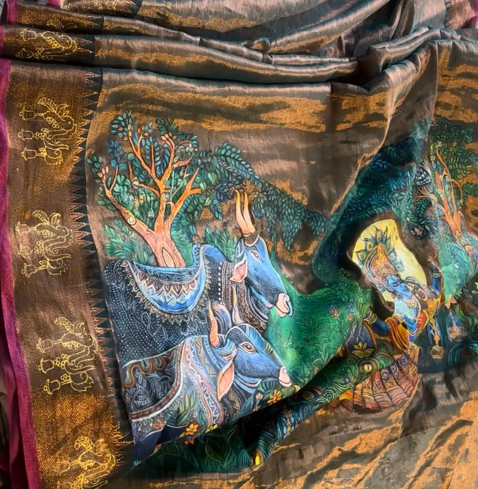 Radha Krishna Concept on Saree — fabric works devotional work by Vibhuti Mehta