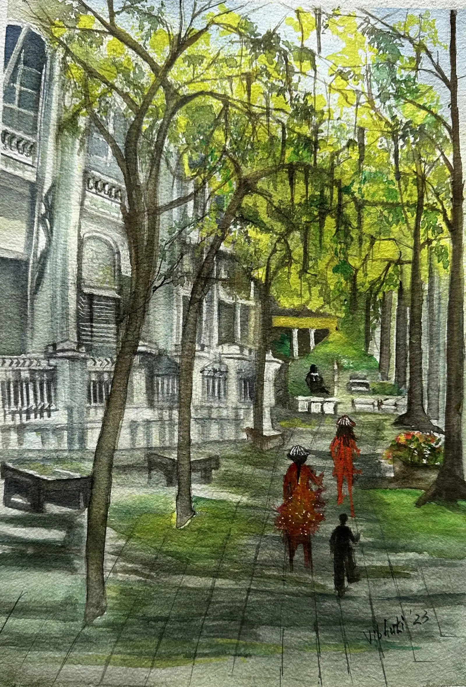 Trees by the Street — watercolor landscape by Vibhuti Mehta